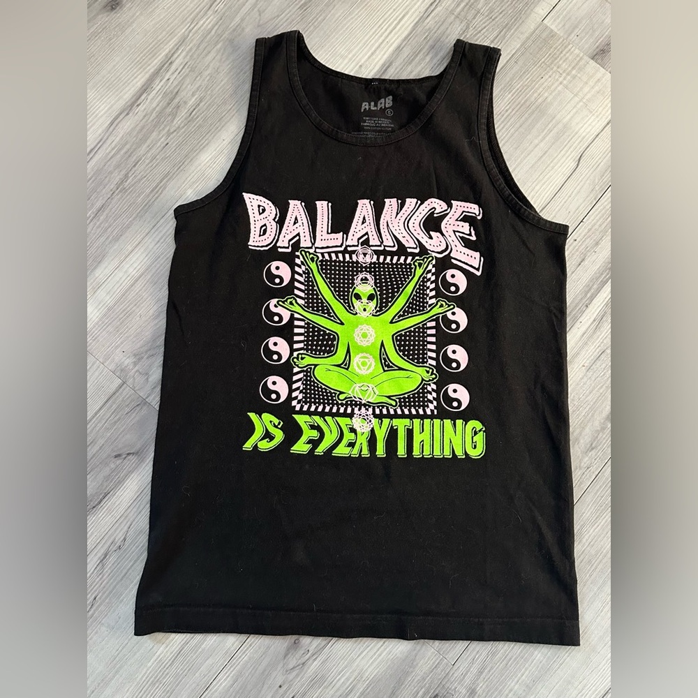 Black Tank Top Alien Vishnu / Shiva Yin Yang Balance Is Everything Women Size XS